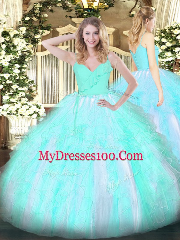 Unique Aqua Blue Spaghetti Straps Neckline Ruffles Quinceanera Gowns Sleeveless Zipper