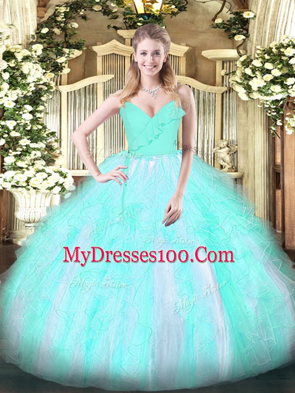 Unique Aqua Blue Spaghetti Straps Neckline Ruffles Quinceanera Gowns Sleeveless Zipper