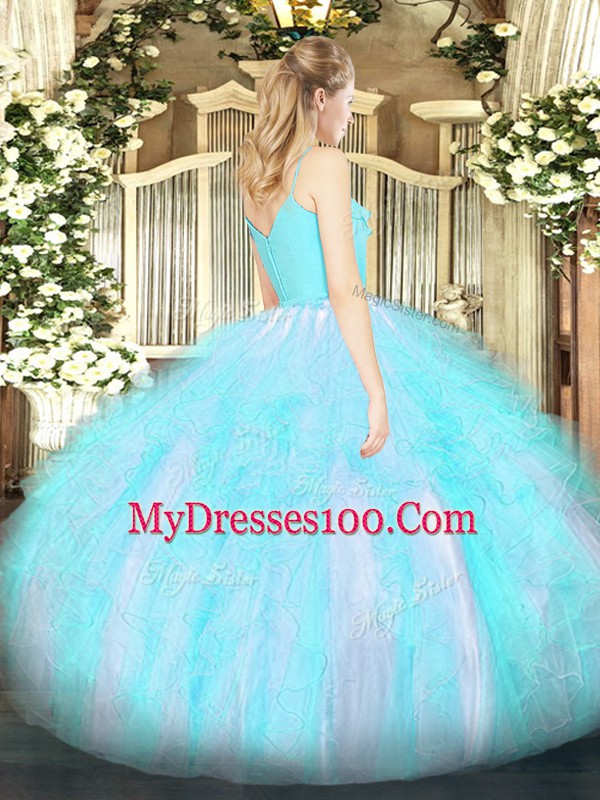 Unique Aqua Blue Spaghetti Straps Neckline Ruffles Quinceanera Gowns Sleeveless Zipper