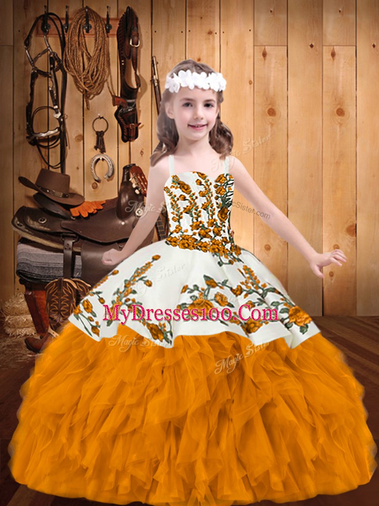 Pretty Organza Sleeveless Floor Length Kids Formal Wear and Embroidery and Ruffles