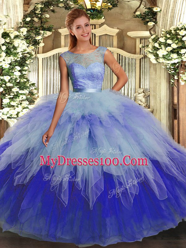 Custom Design Multi-color Sweet 16 Dress Sweet 16 and Quinceanera with Beading and Ruffles Scoop Sleeveless Backless