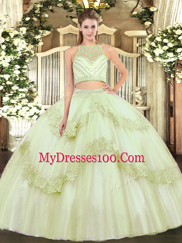Yellow Green Scoop Zipper Beading and Appliques 15 Quinceanera Dress Sleeveless