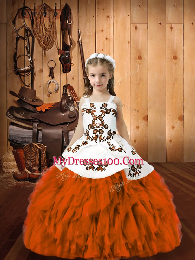 Lovely Sleeveless Floor Length Embroidery and Ruffles Lace Up Little Girl Pageant Gowns with Orange Red