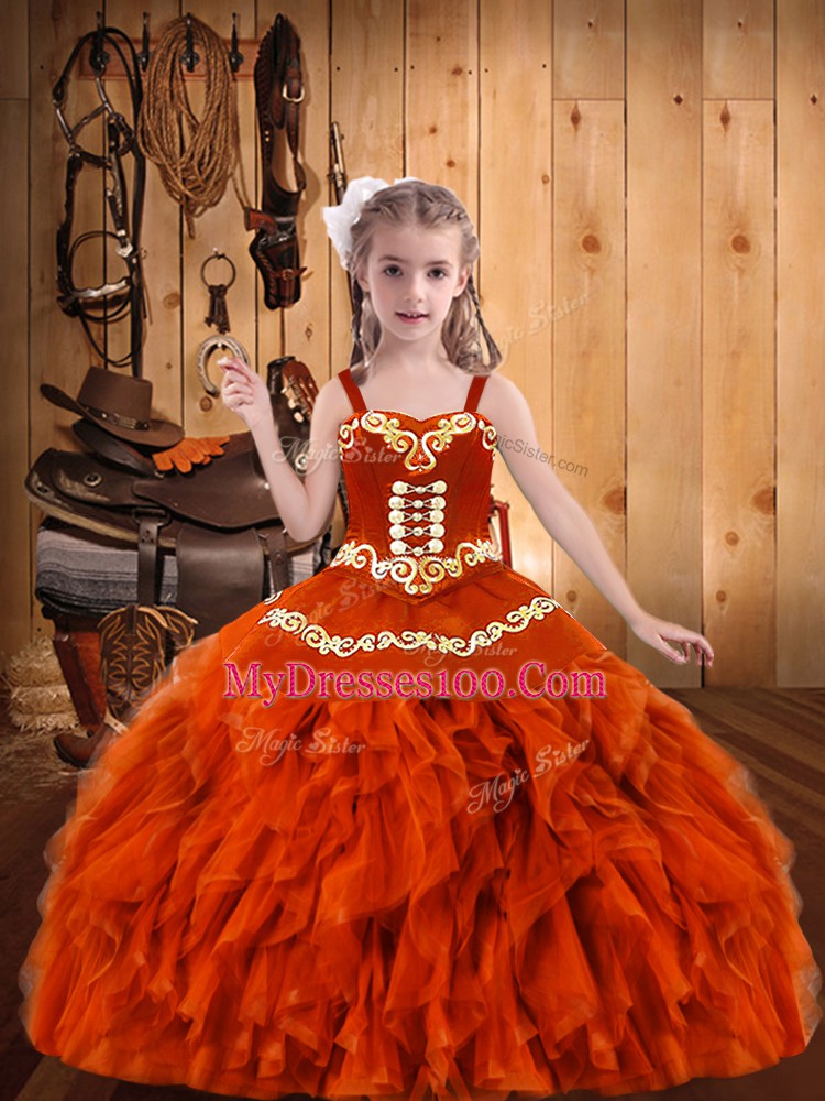 Orange Red Lace Up Kids Formal Wear Embroidery and Ruffles Sleeveless Floor Length