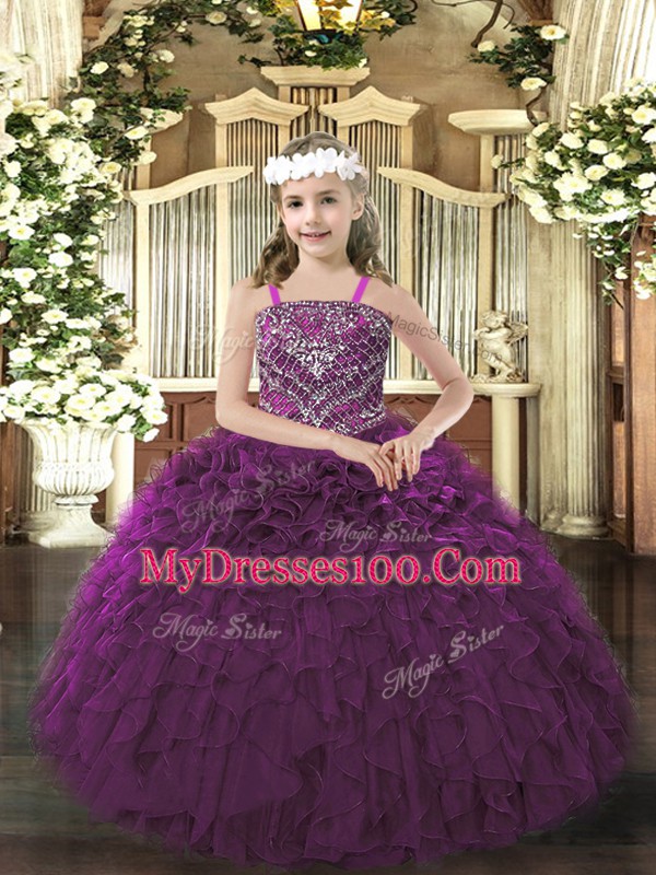 Stylish Floor Length Dark Purple Pageant Dress for Teens Straps Sleeveless Lace Up