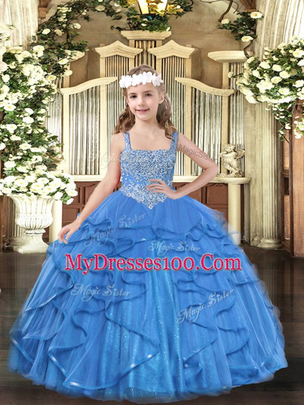 Stylish Baby Blue Sleeveless Tulle Lace Up Little Girls Pageant Gowns for Party and Sweet 16 and Quinceanera and Wedding Party