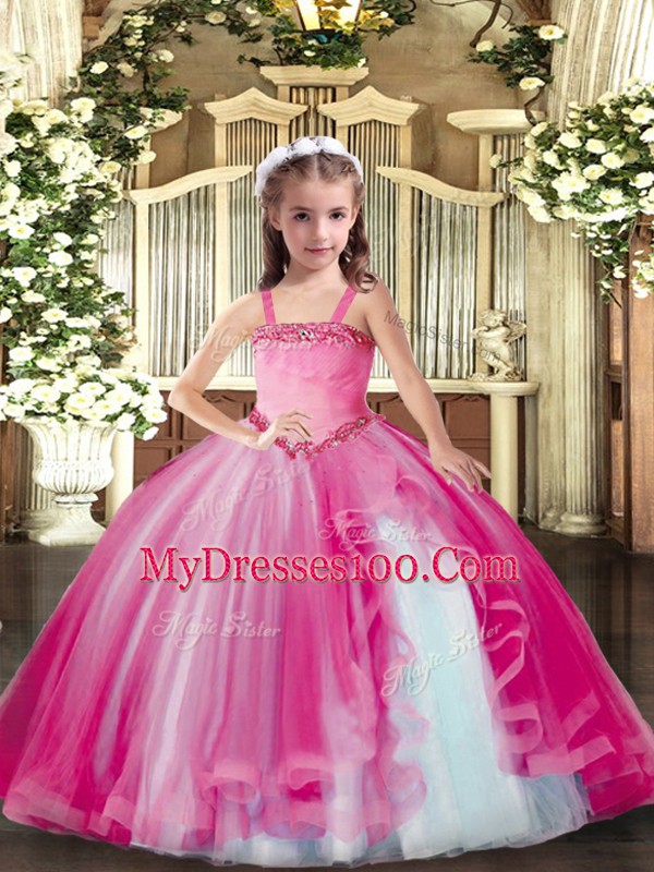 Latest Fuchsia Ball Gowns Appliques Pageant Dress for Girls Lace Up Tulle Sleeveless Floor Length