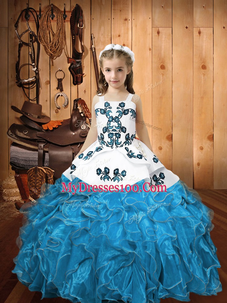 Blue Lace Up Straps Embroidery and Ruffles Kids Formal Wear Organza Sleeveless