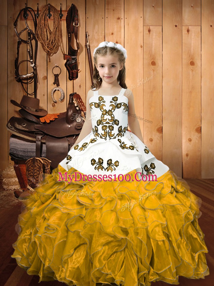Glorious Floor Length Gold Pageant Dress Wholesale Organza Sleeveless Embroidery and Ruffles