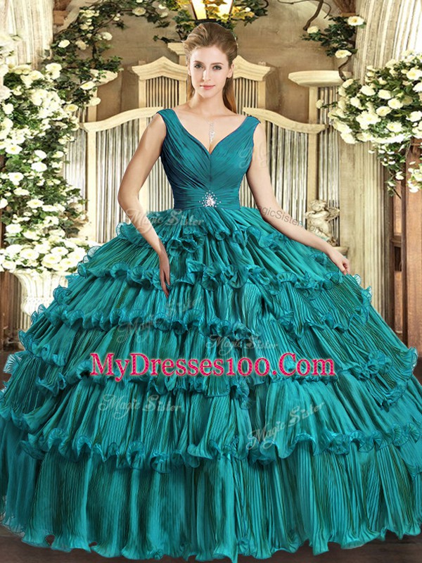 Designer Teal Sweet 16 Quinceanera Dress Sweet 16 and Quinceanera with Beading and Ruffled Layers V-neck Sleeveless Backless
