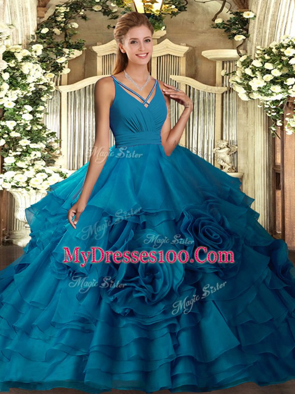 Attractive V-neck Sleeveless 15th Birthday Dress Floor Length Ruffled Layers Teal Organza