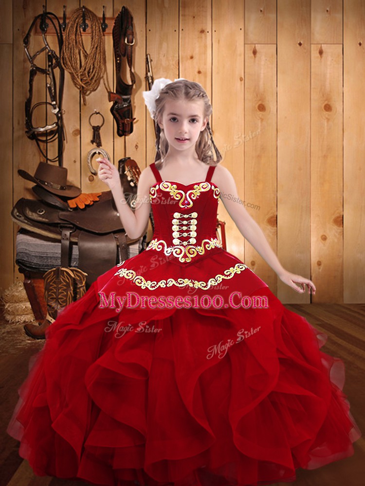 Wine Red Ball Gowns Embroidery and Ruffles Little Girls Pageant Dress Wholesale Lace Up Organza Sleeveless Floor Length