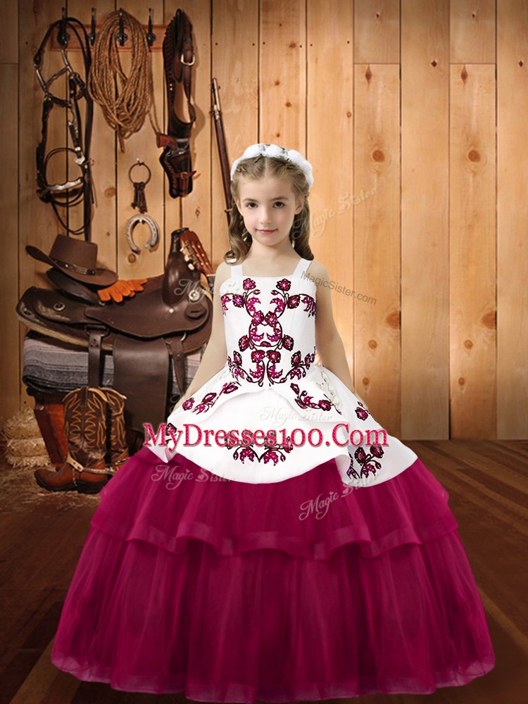 Customized Fuchsia Tulle Lace Up Straps Sleeveless Floor Length Little Girls Pageant Dress Wholesale Embroidery