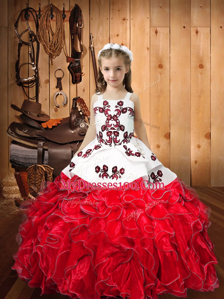 Embroidery and Ruffles Little Girl Pageant Dress Red Lace Up Sleeveless Floor Length