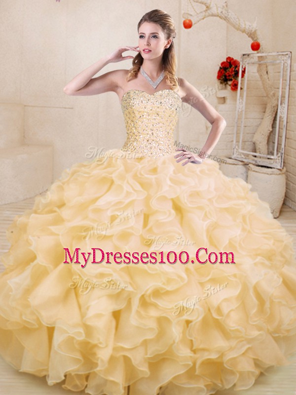 Graceful Gold Sweetheart Neckline Beading and Ruffles 15th Birthday Dress Sleeveless Lace Up
