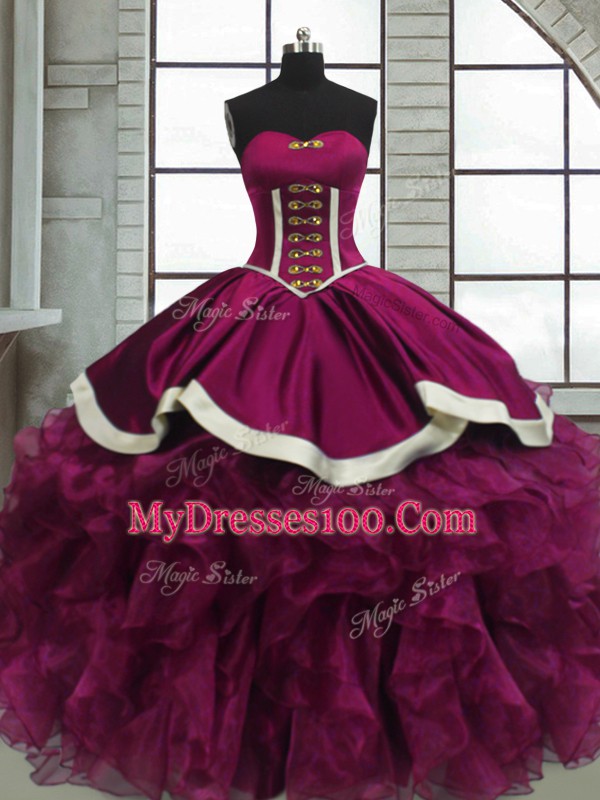 Sweetheart Sleeveless Quinceanera Gowns Floor Length Beading and Ruffles Fuchsia Organza