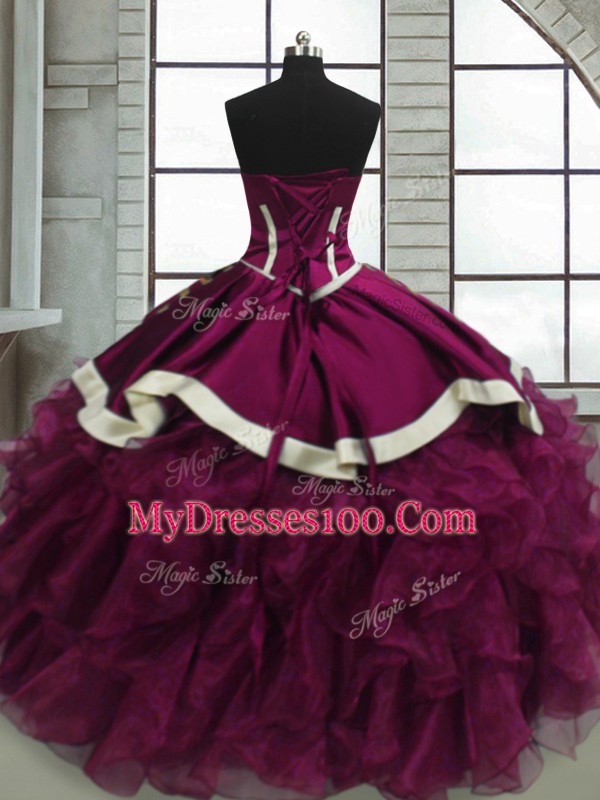 Sweetheart Sleeveless Quinceanera Gowns Floor Length Beading and Ruffles Fuchsia Organza