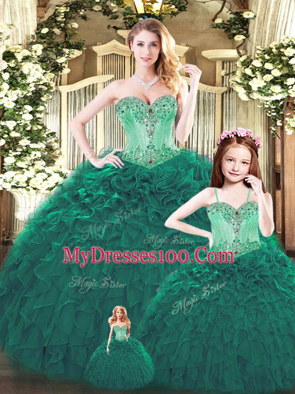 Floor Length Dark Green Quinceanera Gowns Tulle Sleeveless Beading and Ruffles