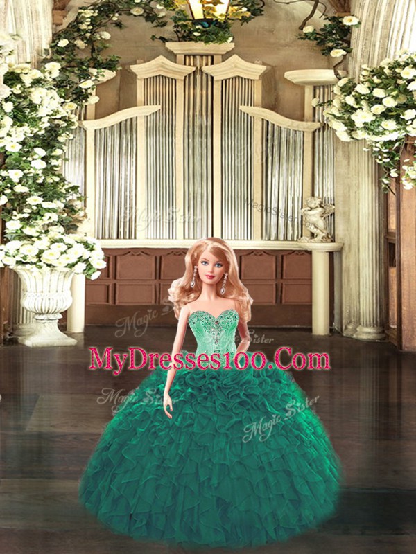 Floor Length Dark Green Quinceanera Gowns Tulle Sleeveless Beading and Ruffles