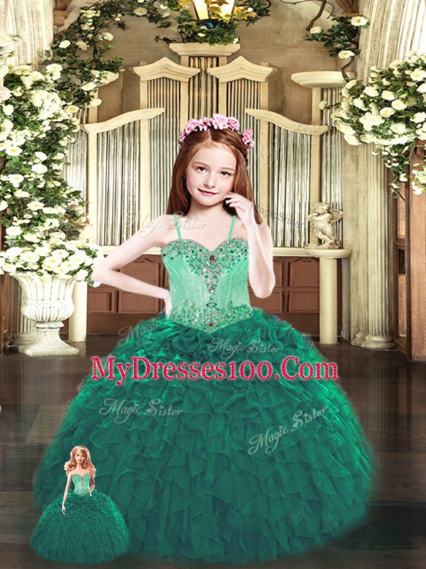 Floor Length Dark Green Quinceanera Gowns Tulle Sleeveless Beading and Ruffles