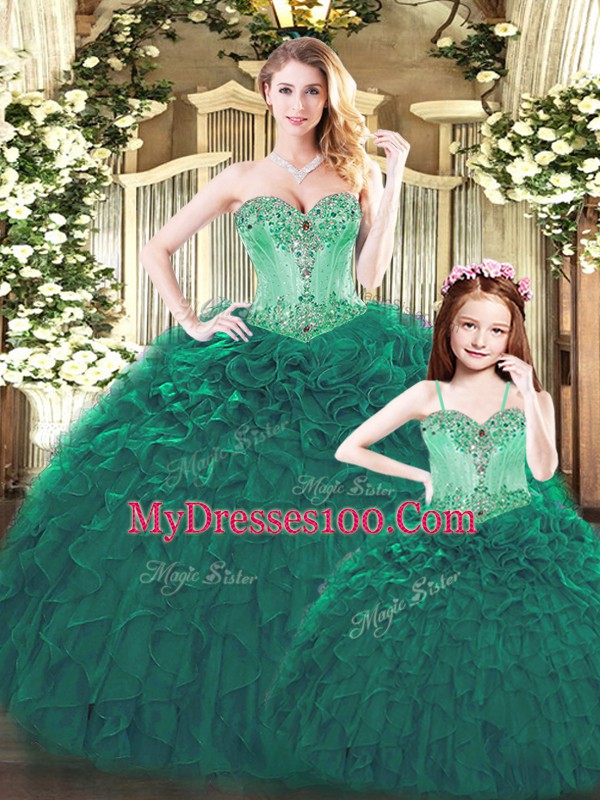 Floor Length Dark Green Quinceanera Gowns Tulle Sleeveless Beading and Ruffles