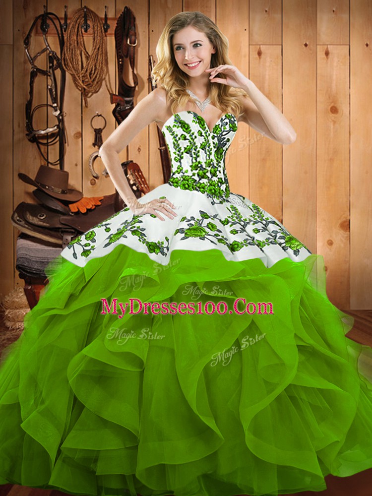 Custom Fit Sleeveless Lace Up Floor Length Embroidery and Ruffles Quinceanera Gown