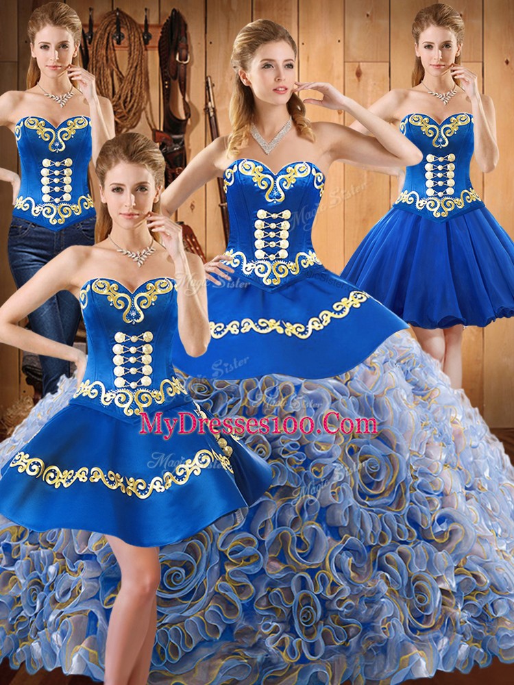 Satin and Fabric With Rolling Flowers Sleeveless With Train Quinceanera Gown Sweep Train and Embroidery