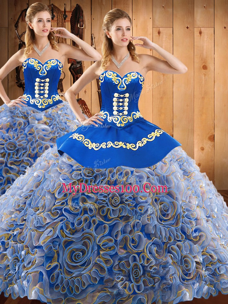 Satin and Fabric With Rolling Flowers Sleeveless With Train Quinceanera Gown Sweep Train and Embroidery