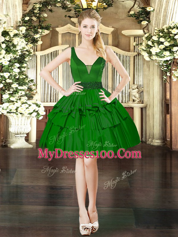 Perfect Dark Green Ball Gowns Taffeta V-neck Sleeveless Beading Mini Length Lace Up Prom Dresses
