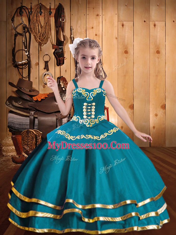Teal Ball Gowns Straps Sleeveless Organza Floor Length Lace Up Embroidery and Ruffled Layers Winning Pageant Gowns