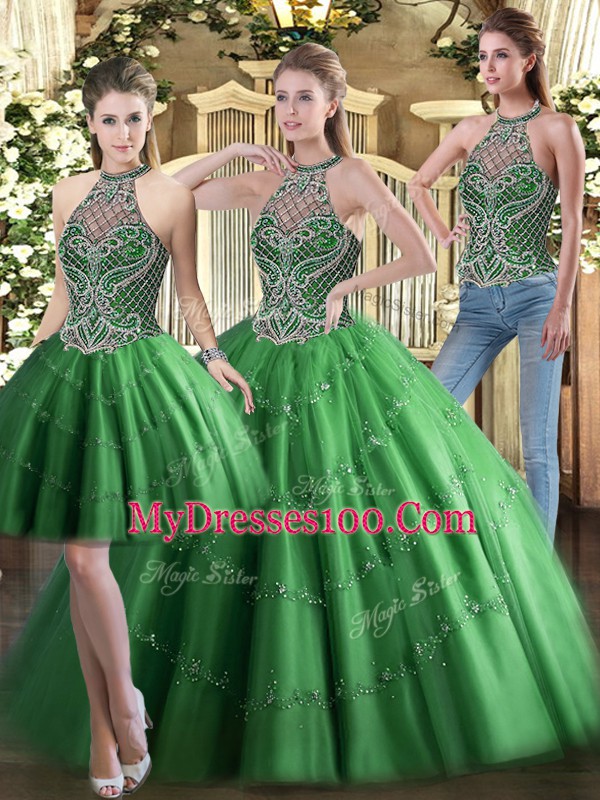 Flirting Green High-neck Neckline Beading Quinceanera Dress Sleeveless Lace Up