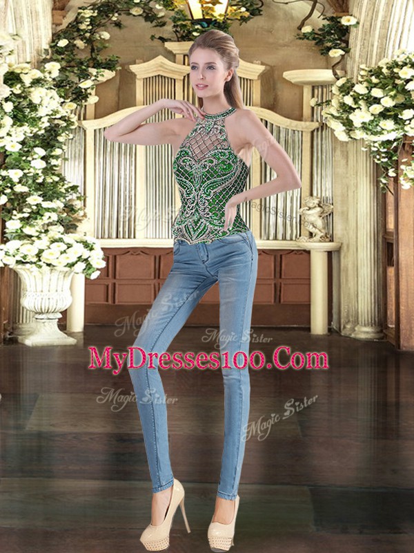 Flirting Green High-neck Neckline Beading Quinceanera Dress Sleeveless Lace Up