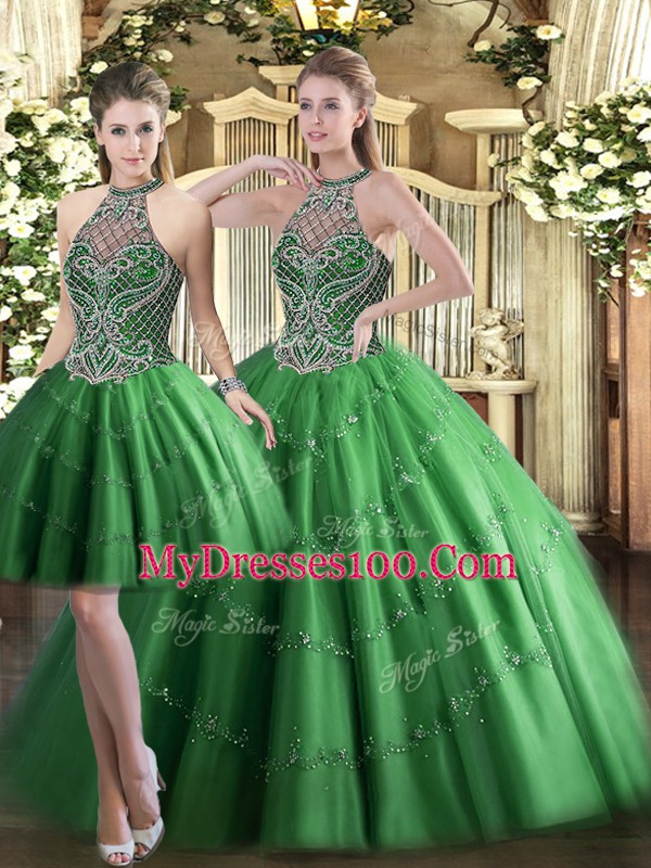 Flirting Green High-neck Neckline Beading Quinceanera Dress Sleeveless Lace Up