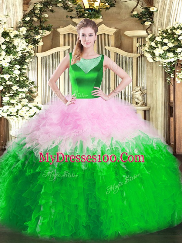 Romantic Multi-color Side Zipper Scoop Beading and Ruffles Quinceanera Gowns Tulle Sleeveless