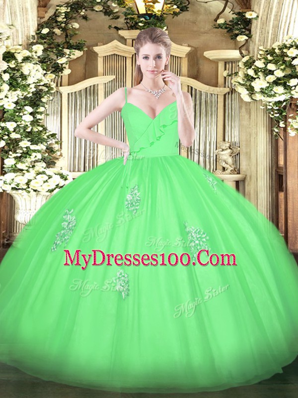 Custom Design Floor Length Green Quinceanera Gowns Spaghetti Straps Sleeveless Zipper