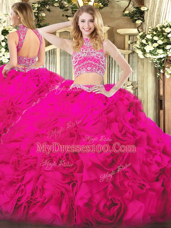 Glamorous Hot Pink Two Pieces High-neck Sleeveless Tulle Floor Length Backless Beading and Ruffles Sweet 16 Dress