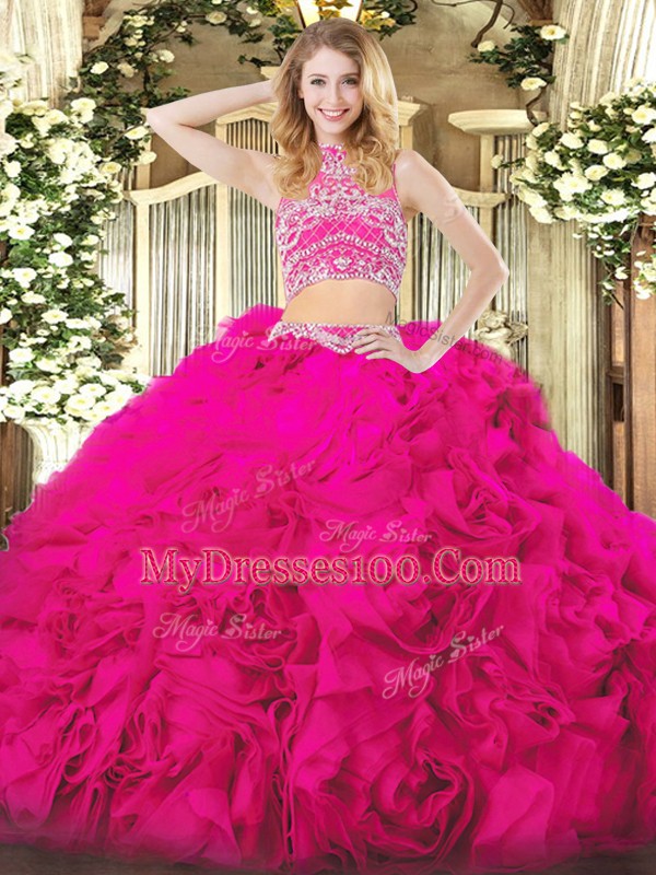 Glamorous Hot Pink Two Pieces High-neck Sleeveless Tulle Floor Length Backless Beading and Ruffles Sweet 16 Dress