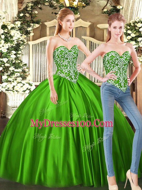 Green Tulle Lace Up Sweet 16 Dresses Sleeveless Floor Length Beading