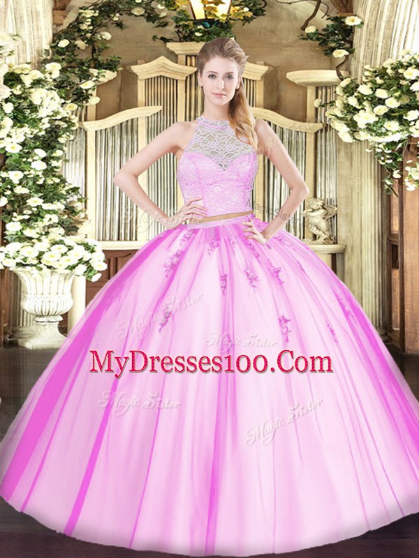 Cheap Fuchsia Two Pieces Tulle Scoop Sleeveless Lace and Appliques Floor Length Zipper Quinceanera Dress