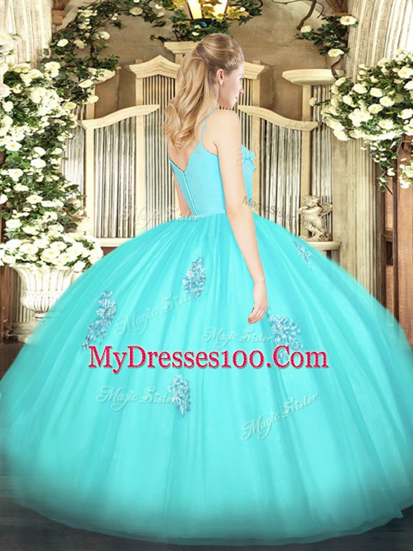 Fantastic Yellow Zipper Spaghetti Straps Appliques Quinceanera Gown Tulle Sleeveless