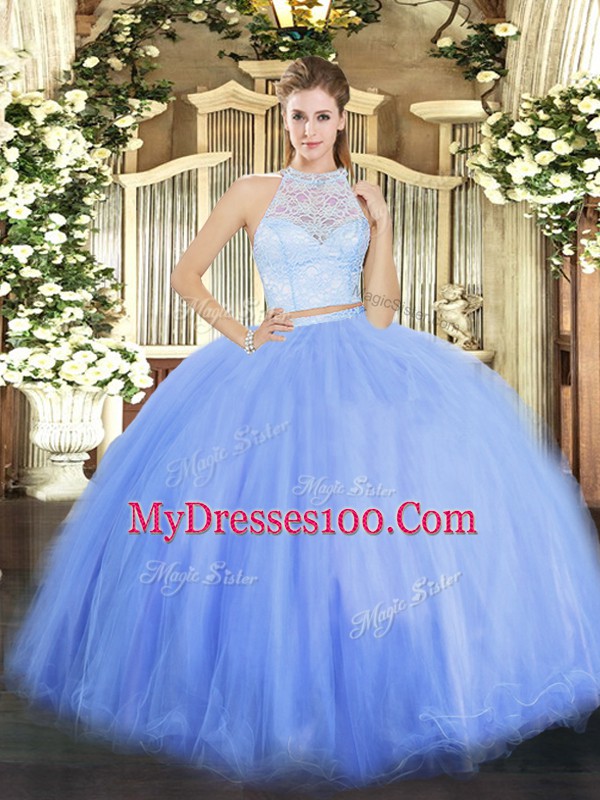 Customized Blue Scoop Neckline Lace Quinceanera Gown Sleeveless Zipper