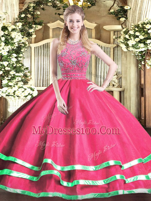 Tulle Sleeveless Floor Length 15th Birthday Dress and Beading