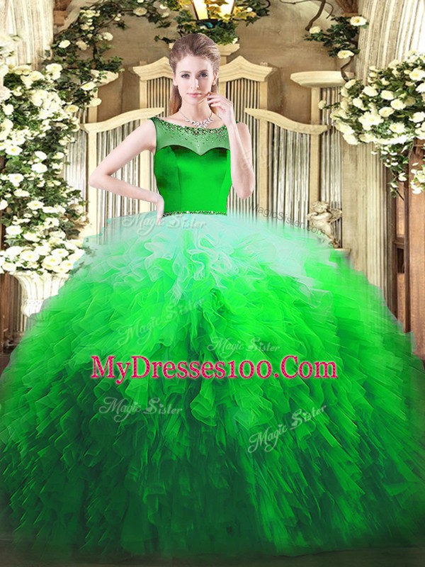 Pretty Sleeveless Beading and Ruffles Zipper 15th Birthday Dress