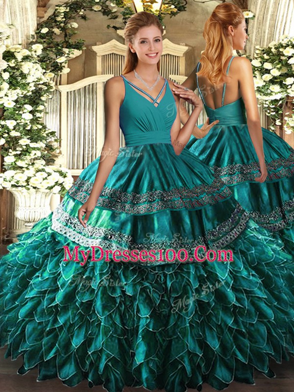 Fantastic V-neck Sleeveless Organza Quinceanera Gown Beading and Ruffles Zipper