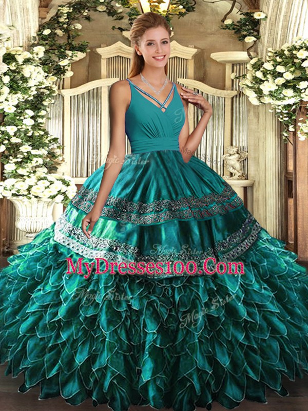 Fantastic V-neck Sleeveless Organza Quinceanera Gown Beading and Ruffles Zipper