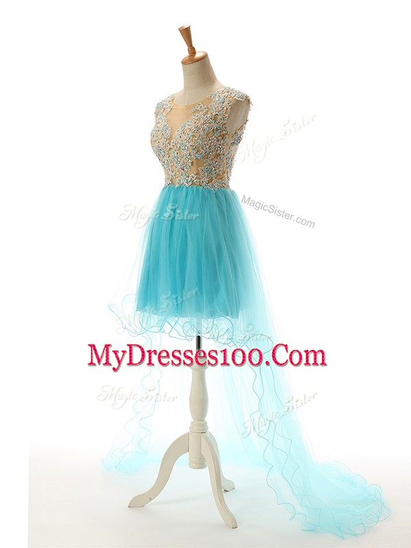 Custom Designed Scoop Sleeveless Prom Gown High Low Appliques Aqua Blue Tulle