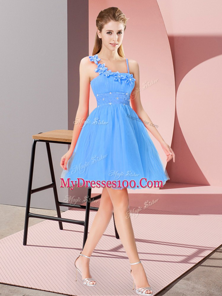Baby Blue Sleeveless Mini Length Beading and Hand Made Flower Zipper Dress for Prom