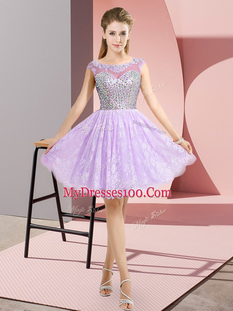 New Arrival Scoop Cap Sleeves Backless Homecoming Dress Lavender Lace