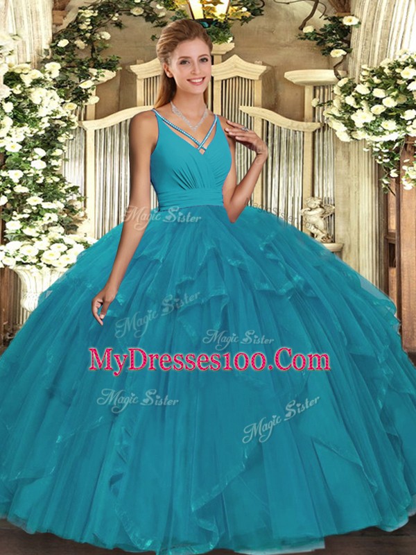 Fancy V-neck Sleeveless Organza Quince Ball Gowns Ruffles Backless