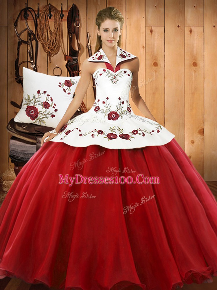 Fashionable Wine Red Halter Top Lace Up Embroidery Quinceanera Dresses Sleeveless